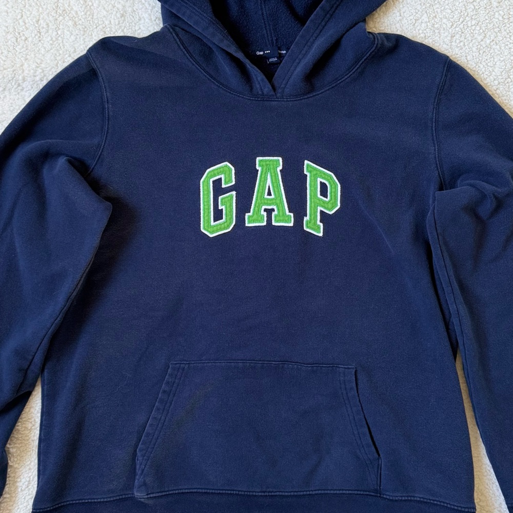 Vintage GAP Navy Sweatshirt Hoodie with Lime Green Logo Size L - Picture 2 of 5